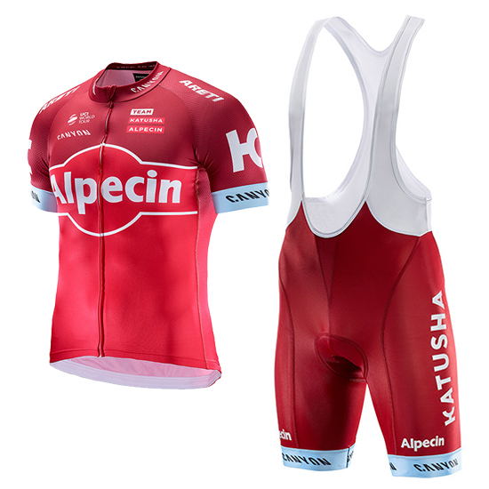 Katusha Alpecin Kurzarmtrikot 2017 und Kurze Tragerhose rot